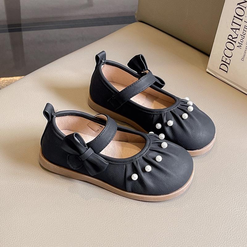 Girls leather shoes 2025 new spring and autumn foreign style girls bow soft sole princess shoes children's fashion pearl single shoes
