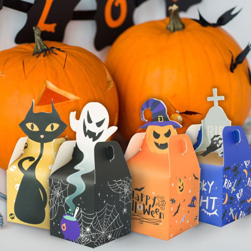12pcs Halloween Paper Treat Boxes Trick-or-treat Gift Bags For Candy Cookie Chocolate Donuts Cakes