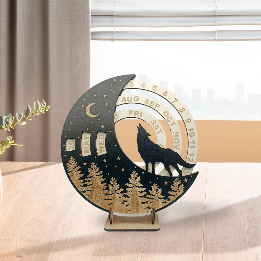 Wooden Perpetual Calendar Desk Accessories Modern Birthday Gift Round Wall Ornament Rotatable Moon