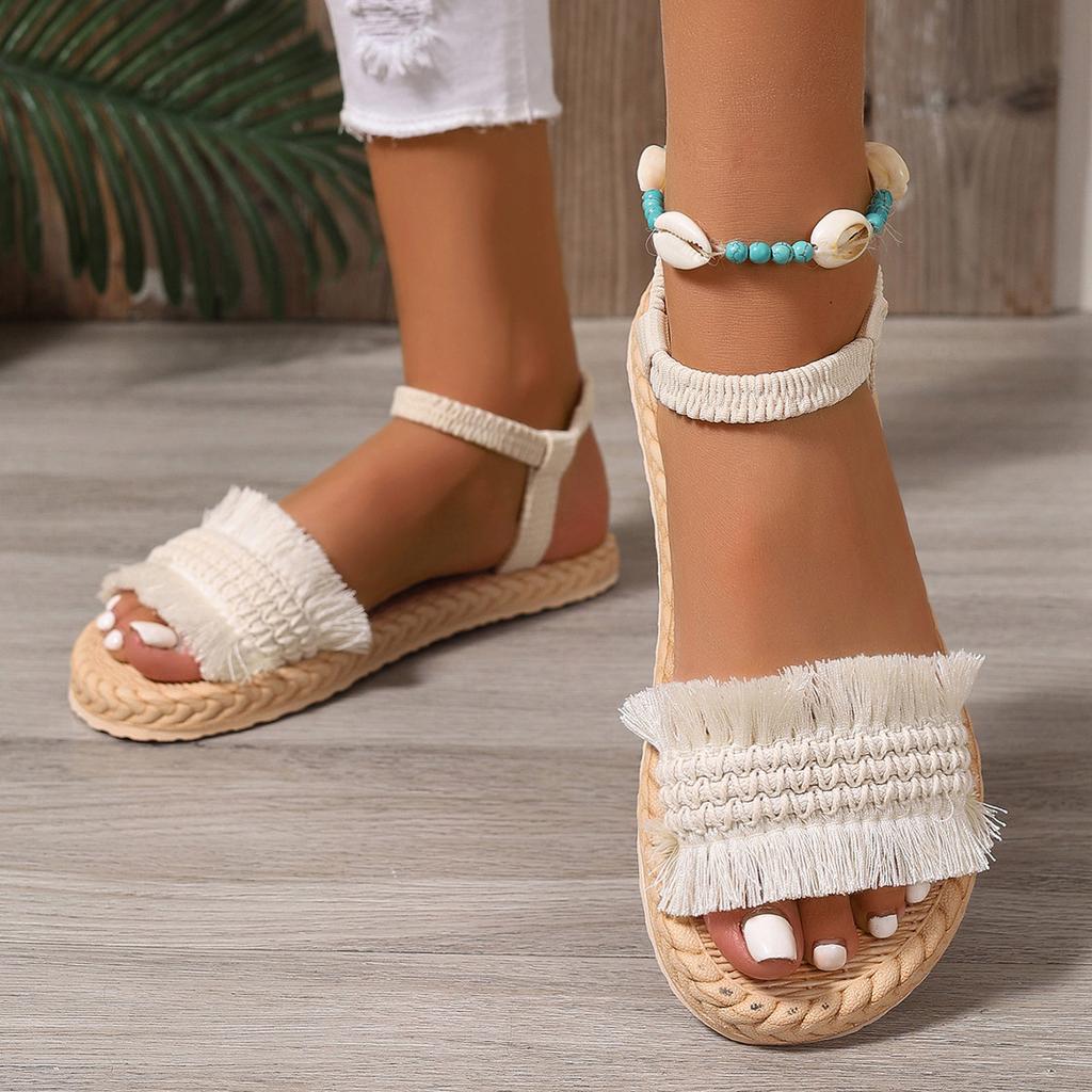 Fashion Summertime Sandal Woman Wear It Outside Flat Bottom Weave Sand Beach Sandals Women's Tassel Shoelaces Are Non Slip Shoes