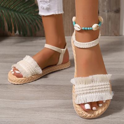Fashion Summertime Sandal Woman Wear It Outside Flat Bottom Weave Sand Beach Sandals Women's Tassel Shoelaces Are Non Slip Shoes