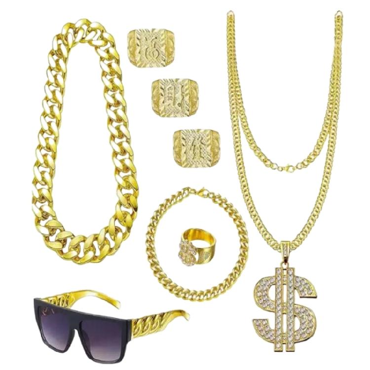 

8Pcs 80s 90s Outfits Hip Hop Costume Kit Cool Rapper Accessories Gold Chain,Gold Bracelet,Sunglasses,Rings Necklace 1