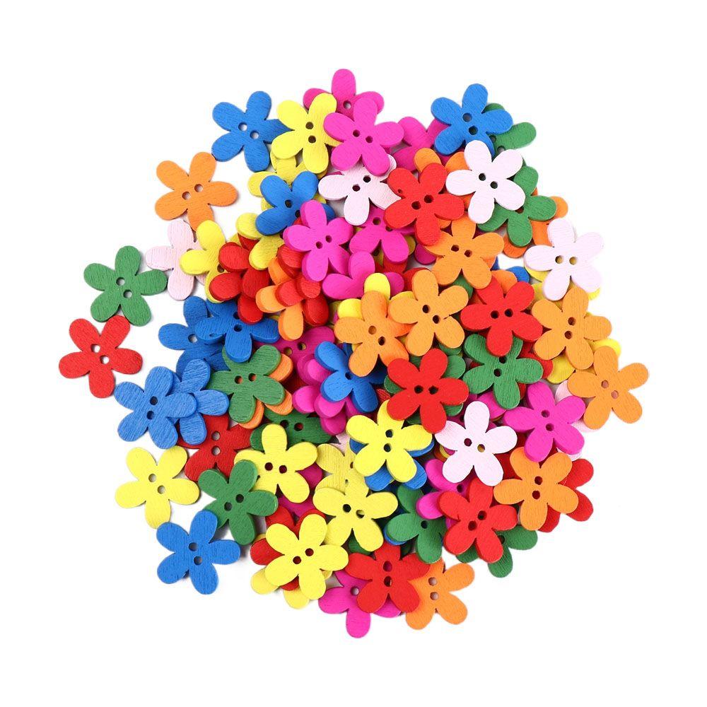 100pcs Overcoat Flower Shaped Flower Wooden Button Flat-back 2 Holes Clothing Button Colorful Cute Sewing Button Clothing Sewing