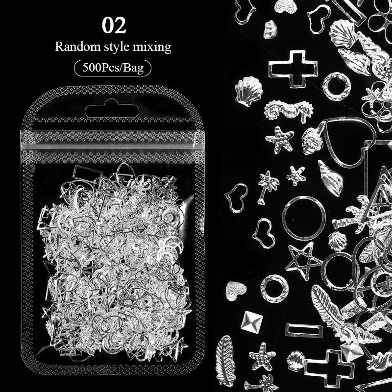 

Украшения для ногтей из полого металла, большой емкости, золотая серебряная звезда, ракушка, смешанная нашивка для ногтей 500pcs