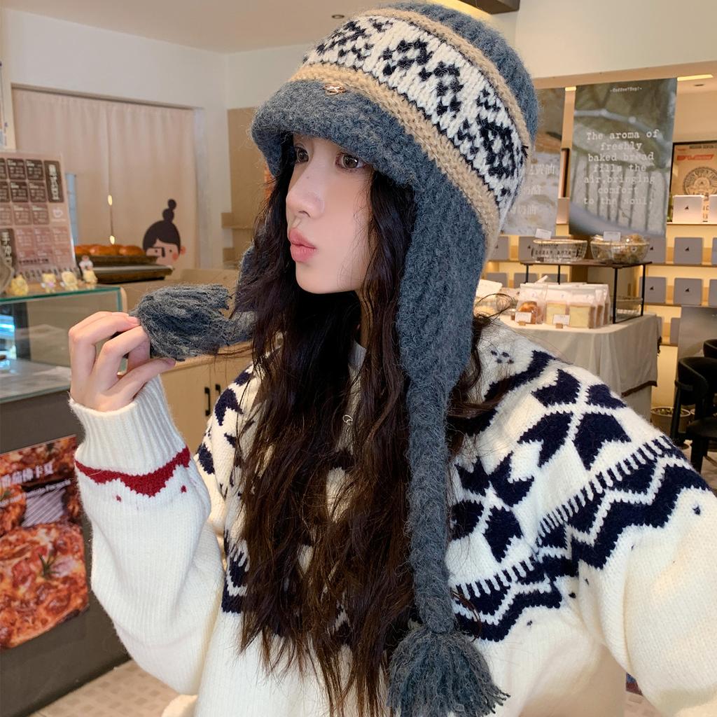 Fair Island Wind Red Knitted Wool Hat Women's Autumn and Winter Jacquard Warm Ear Protection Hat Thickened Cold-proof Knitted Hat