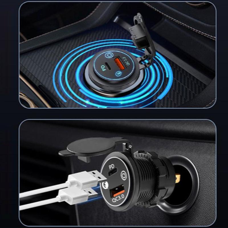 IP65 Waterproof 12-24V Car Charger Socket, PD QC3.0 Dual USB Type C Fast Charging Power Outlet with ON/OFF Switch for Motorcycle, Truck, RV, ATV, Boat
