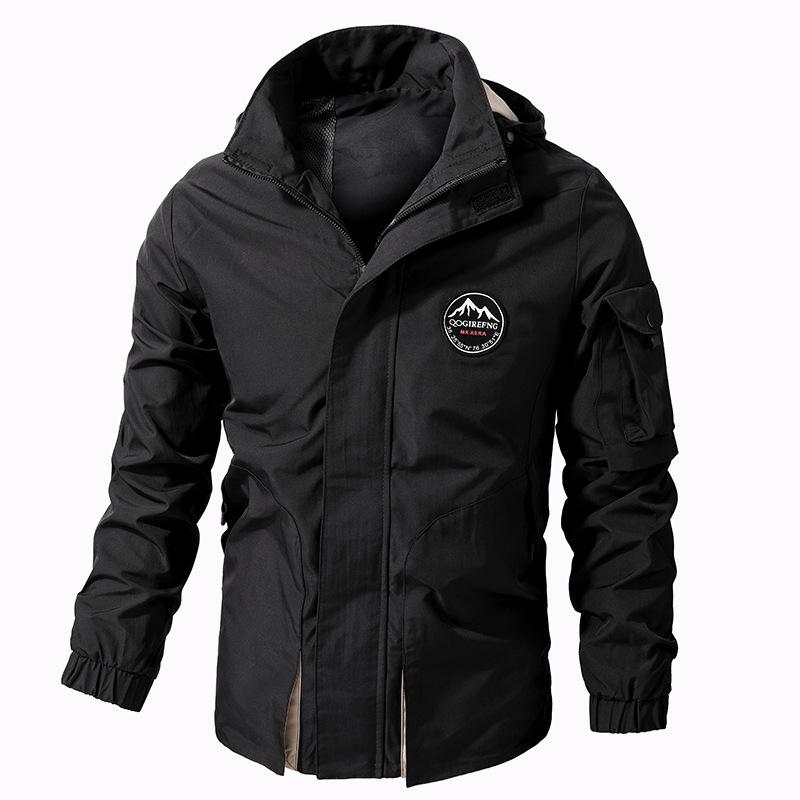 

Men s Plus Size Spring Windbreaker Jacket with Detachable Hood - Solid Color 4XL чорний