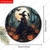 Witch With Candle Crow Forest Pumpkin Full Moon Round Wooden Hanging Sign, Halloween Front Door Wall Decor