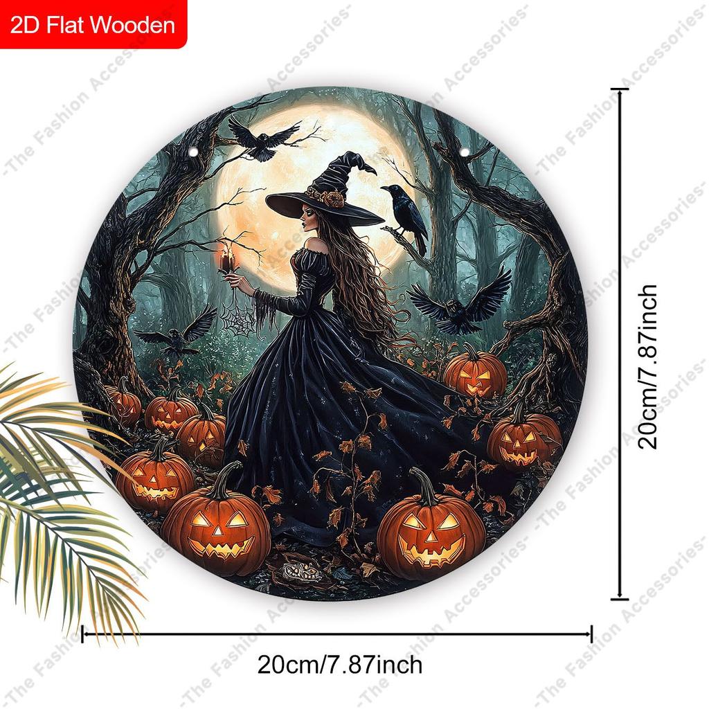 Witch With Candle Crow Forest Pumpkin Full Moon Round Wooden Hanging Sign, Halloween Front Door Wall Decor