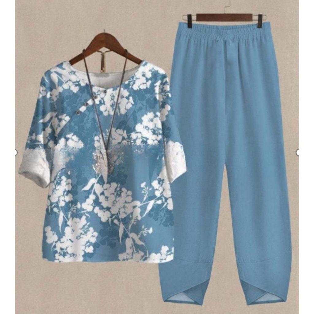 Women's Loose Fit Floral Printed Two Piece Outfit Half Sleeve T-Shirt Elastic Waist Pantsuit