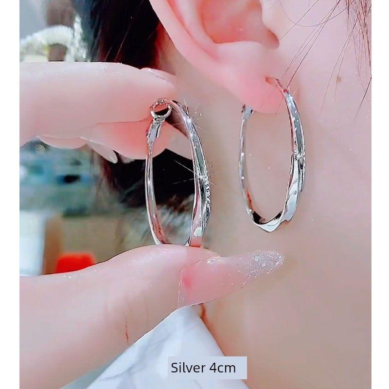 

Diamond Pattern Glossy Elegant Fancy Sterling Silver Exaggerated Earrings Silver 4cm Hoop Earrings