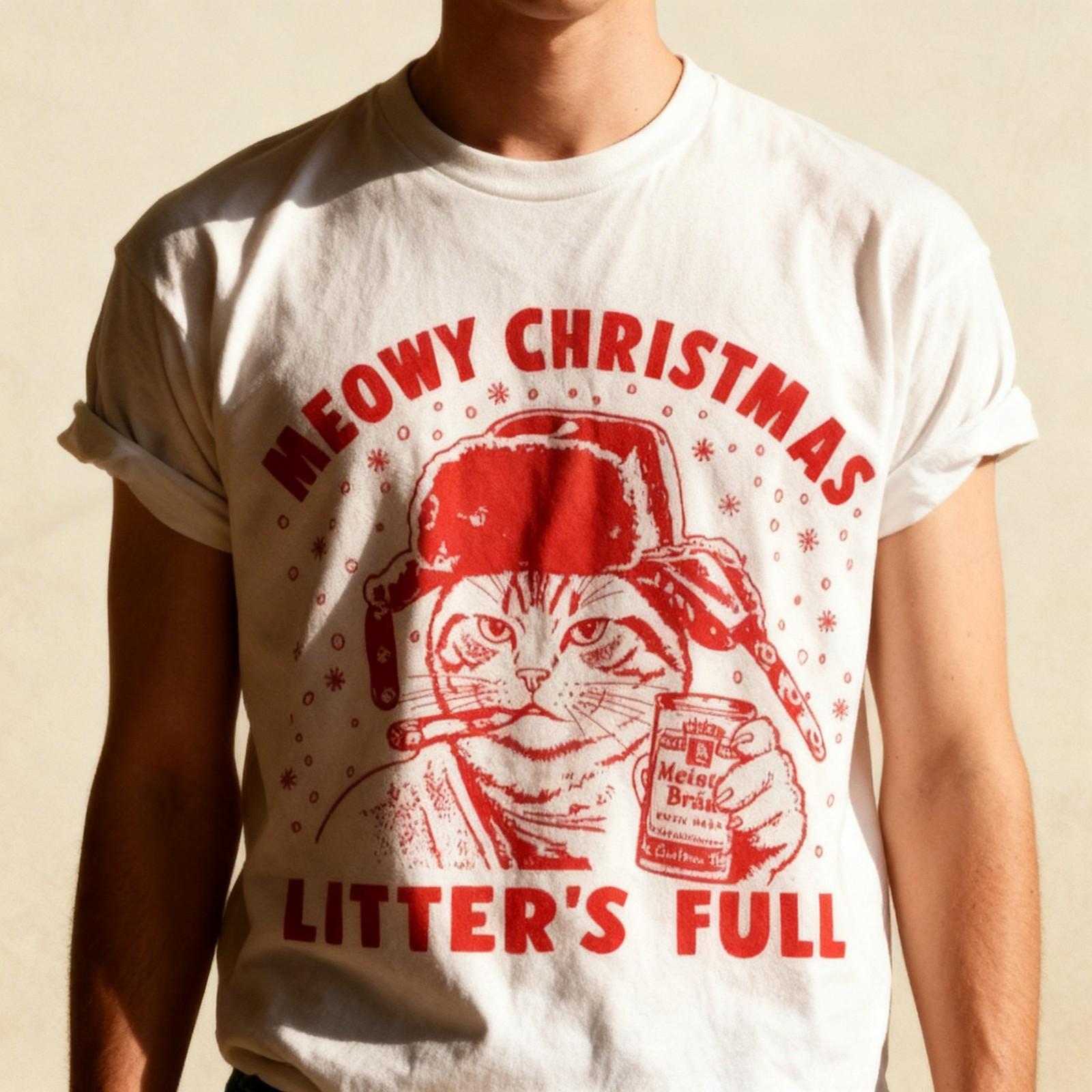 Litters Full Shirt Funny Christmas Cat T Shirt for Men Unisex T-Shirt S