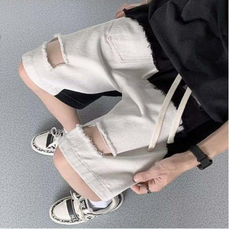 

Мужские новые свободные повседневные прямые шорты с пятиточечным дизайном, с потертостями и рваные L белый