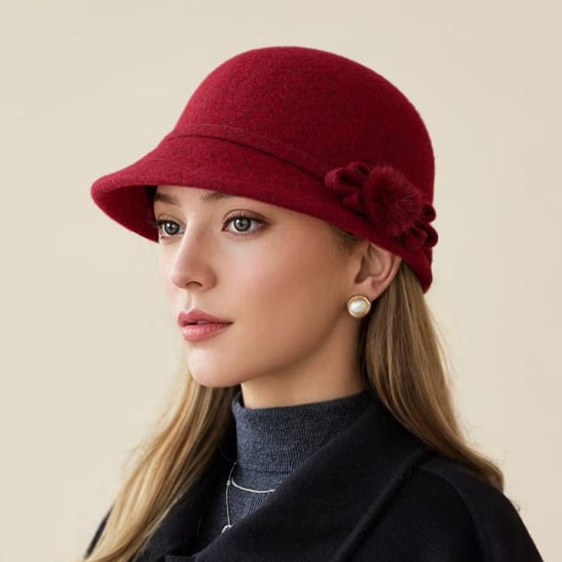 Bucket Hat Women's Autumn and Winter Wool Elegant Flower Thermal Basin Hat Casual Versatile Retro Top Hat