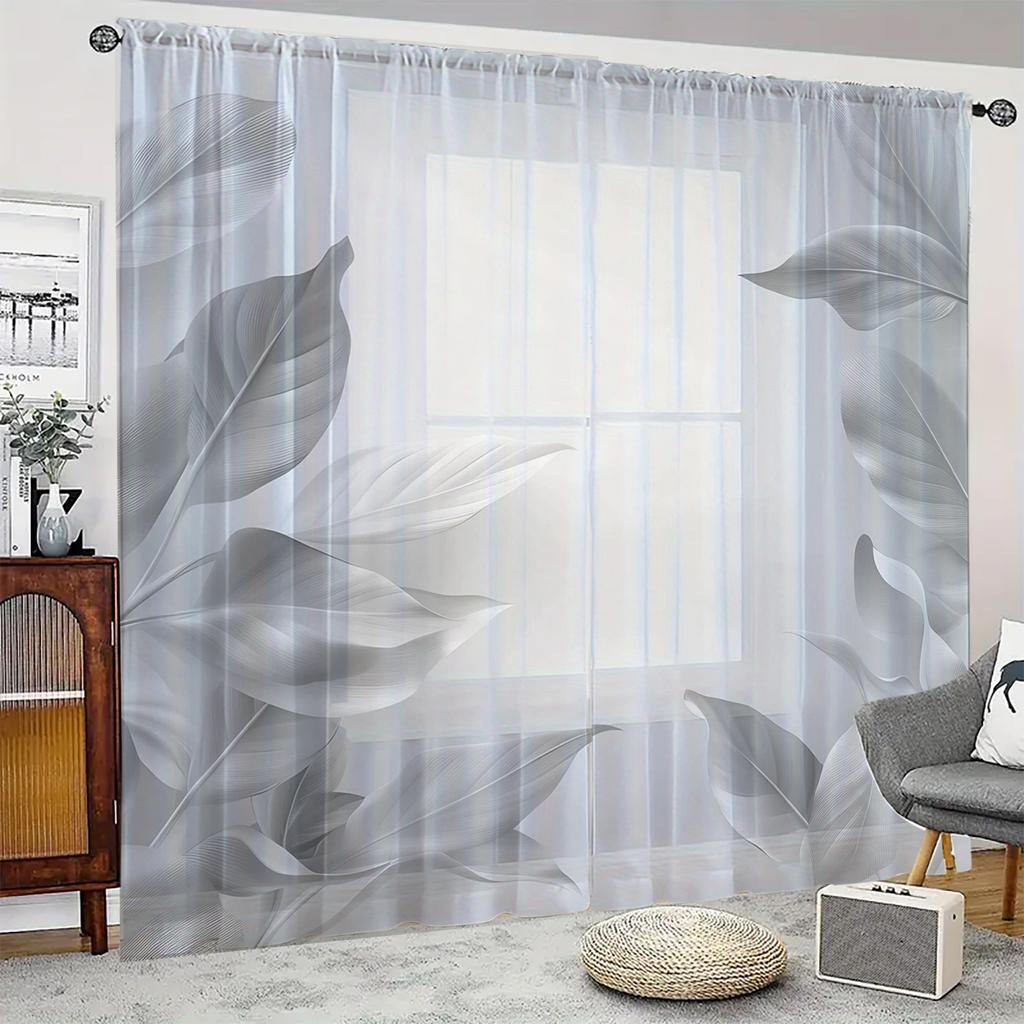 2 pieces HD digital Grey leaves printed window screen home decor style decoration living room bedroom rod