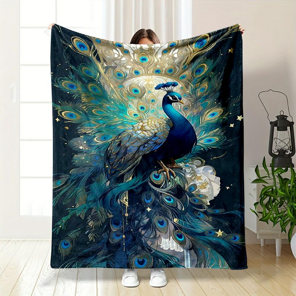 Majestic Blue Peacock with Golden Feathers Design Flannel blanket for bedroom, living room, sofa, and nap sofas