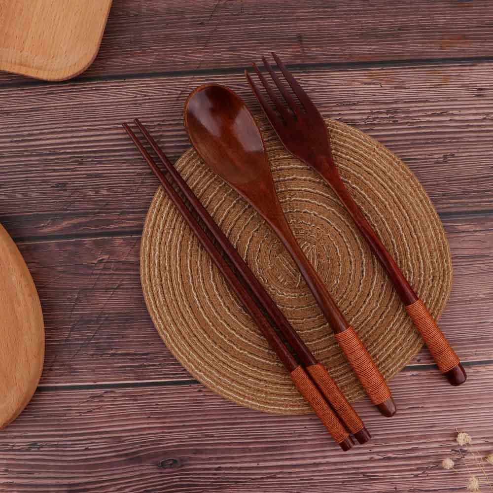 Home Natural Dinner Kit Wooden Kitchen Fork Chopsticks Spoon Set Cutlery Tableware Utensils Sets