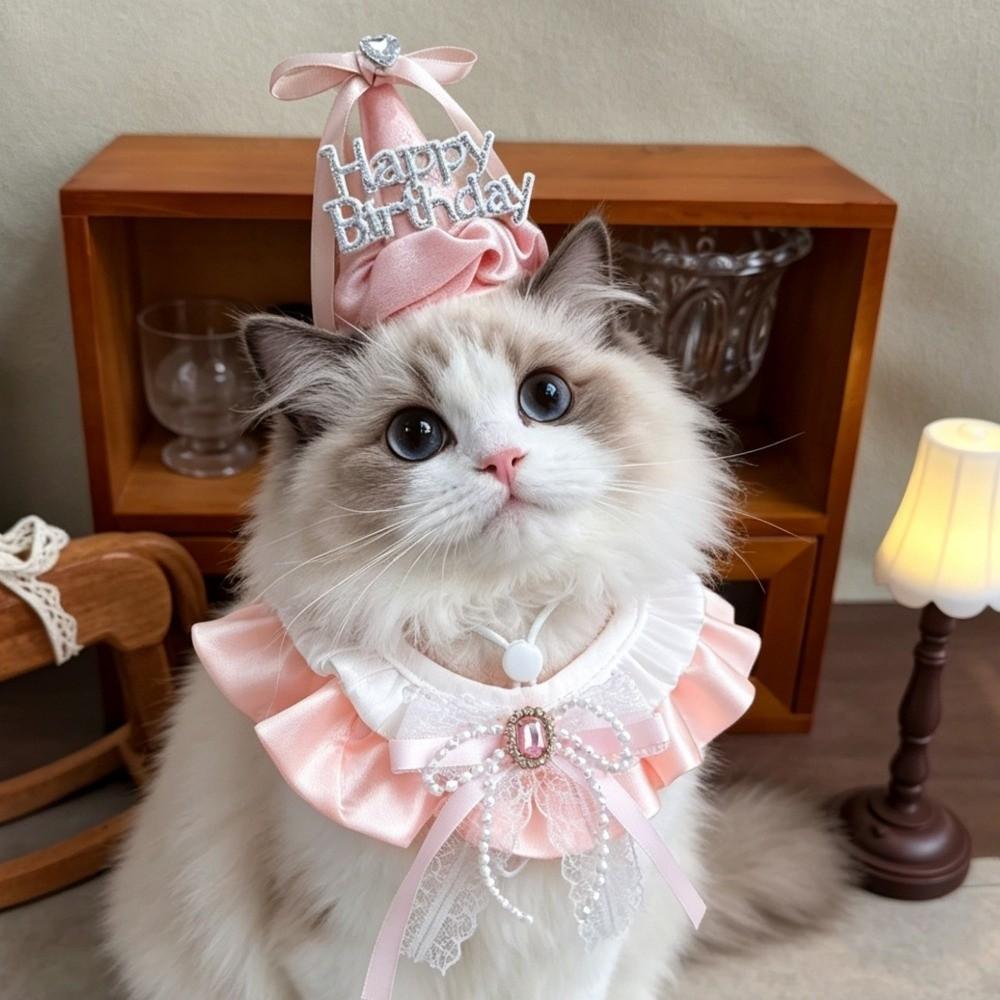 Pearl Bow Pet Bow Collar Hat Collar Set Pet Party Outfit Durable Pet Birthday Accessory Set Pet