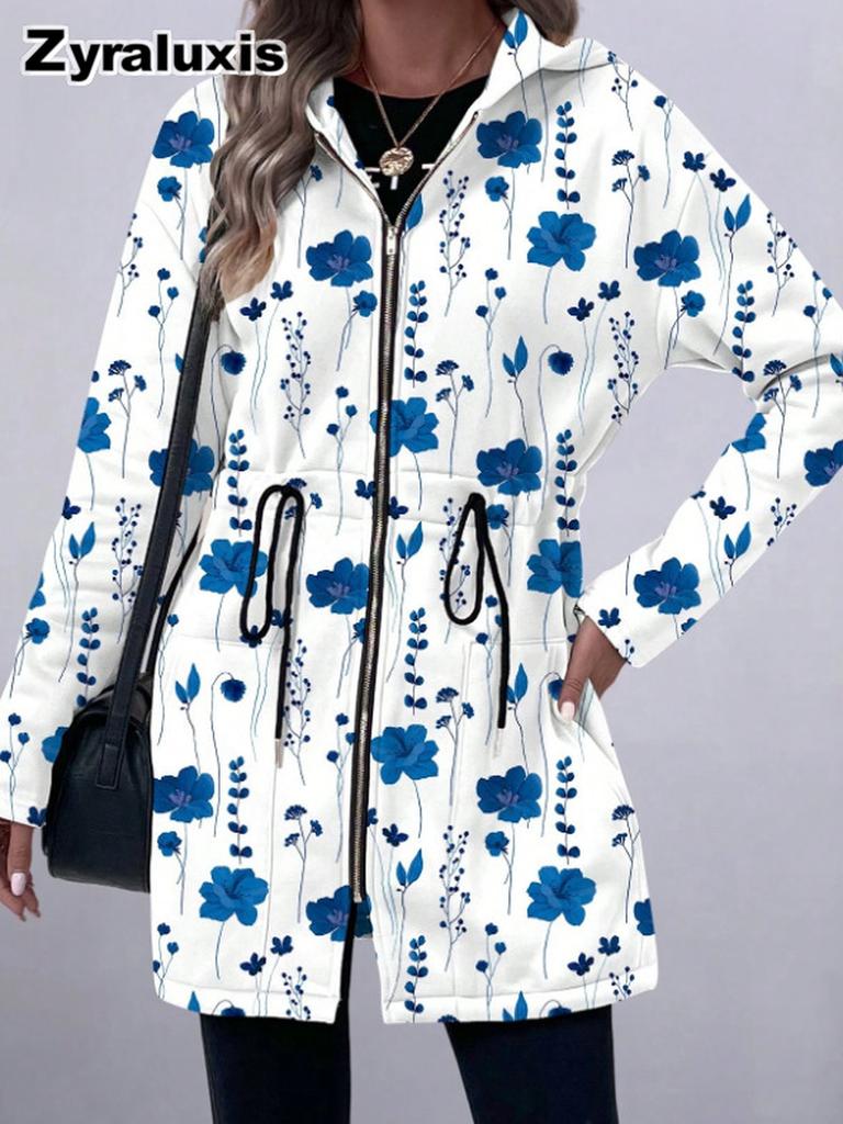 Women's Floral Print Zip-Up Long Sleeve Hoodie with Slim Fit for Fall Winter Daily Wear