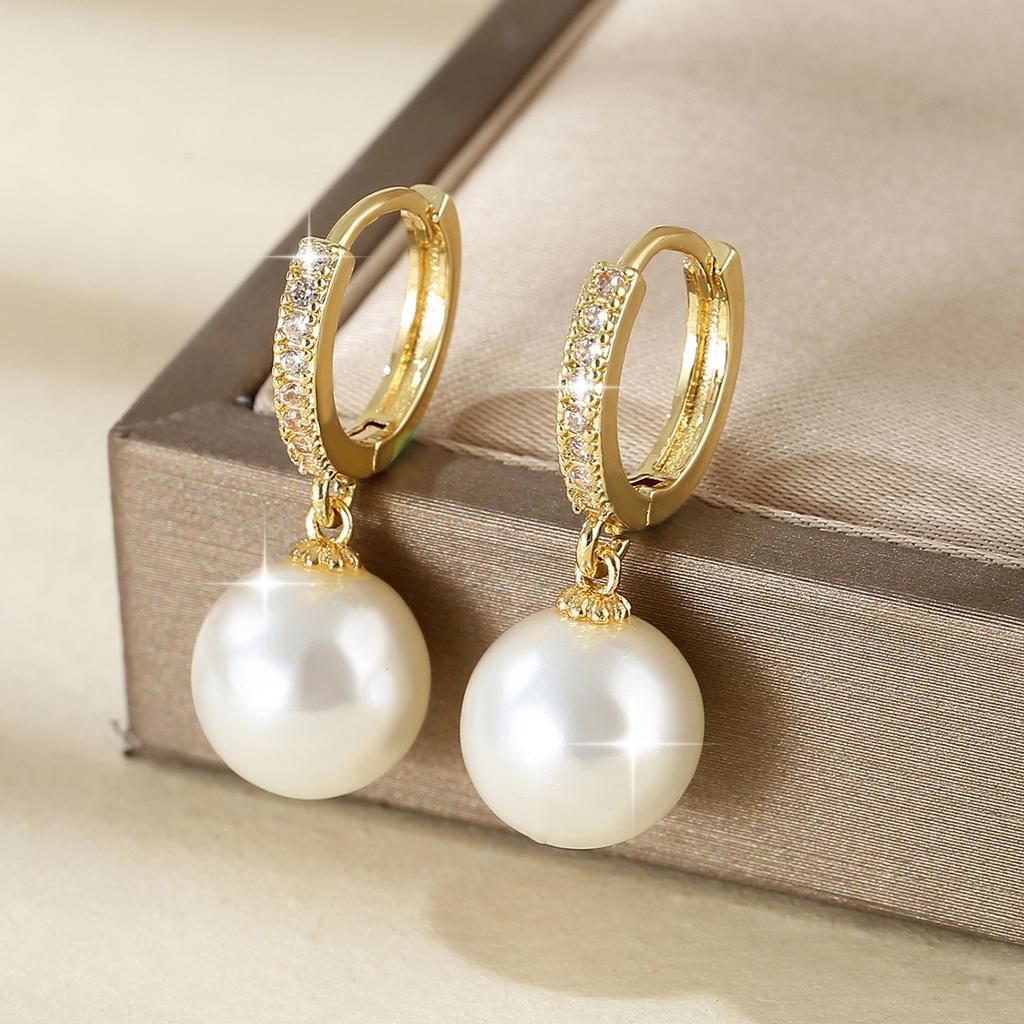 European and American Style Luxury Copper Inlaid Zirconium Pearl Pendant Earrings Retro Elegant Women's Earrings