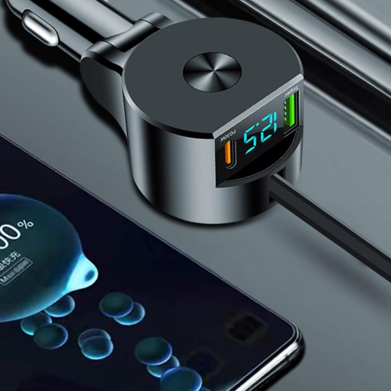 Portable Car Charger with Extendable Cord Support PD30W Quick Charging 12V-24V Wide Voltages Compatibility for Phones