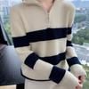 Loose Striped Knit Cardigan With Zipper Turn Down Collar