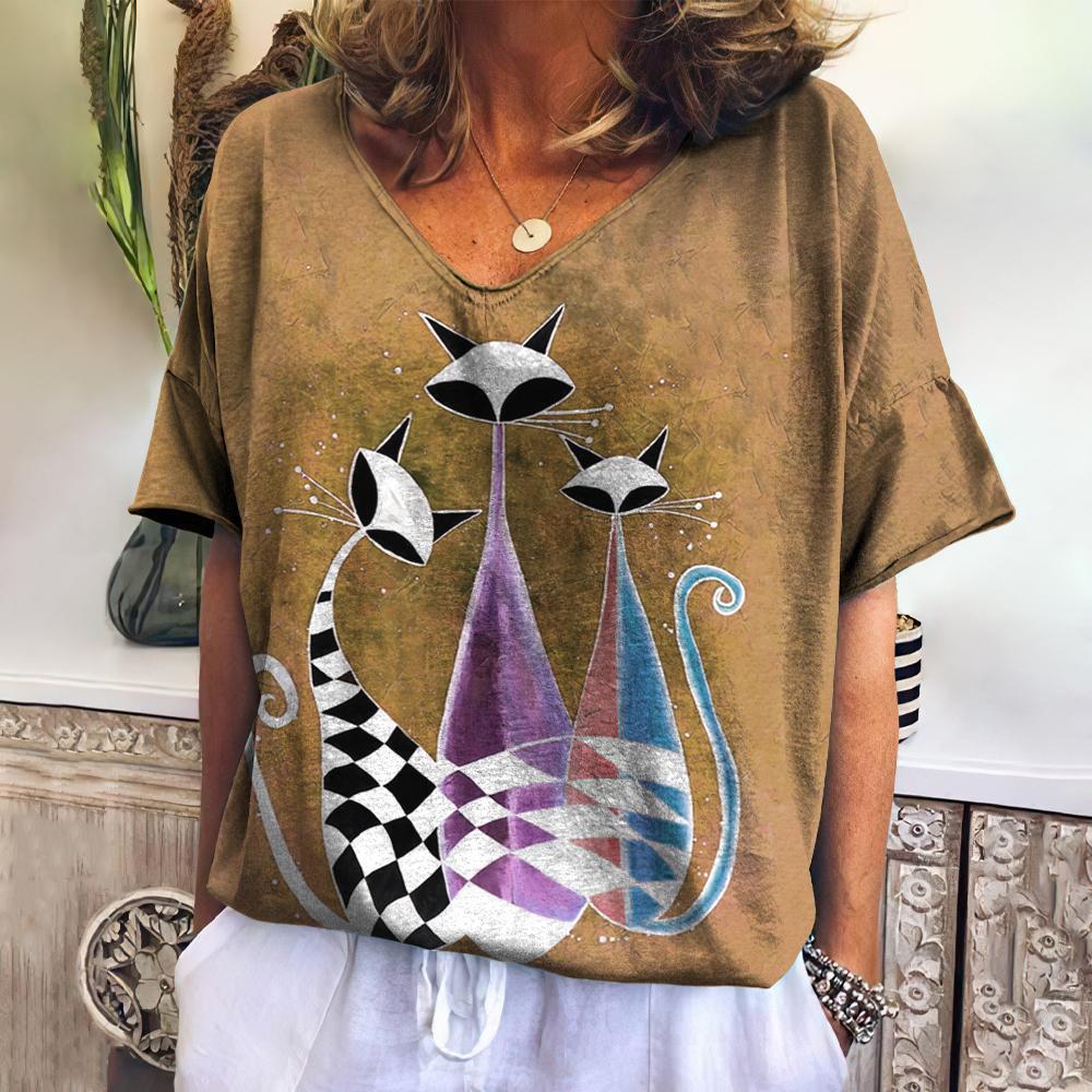 Vintage damski t-shirt z kwiatowym nadrukiem, z krótkim rękawem, z dekoltem w serek, wygodne t-shirty