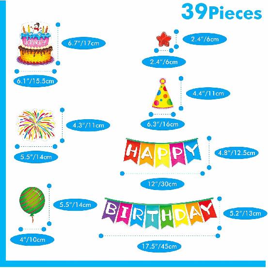 39 PCS Happy Birthday Bulletin Board Set, Colorful Birthday Decoration Cakes, Stars, Firework, Balloon, Party Hats Cut-Outs Classroom Decorations