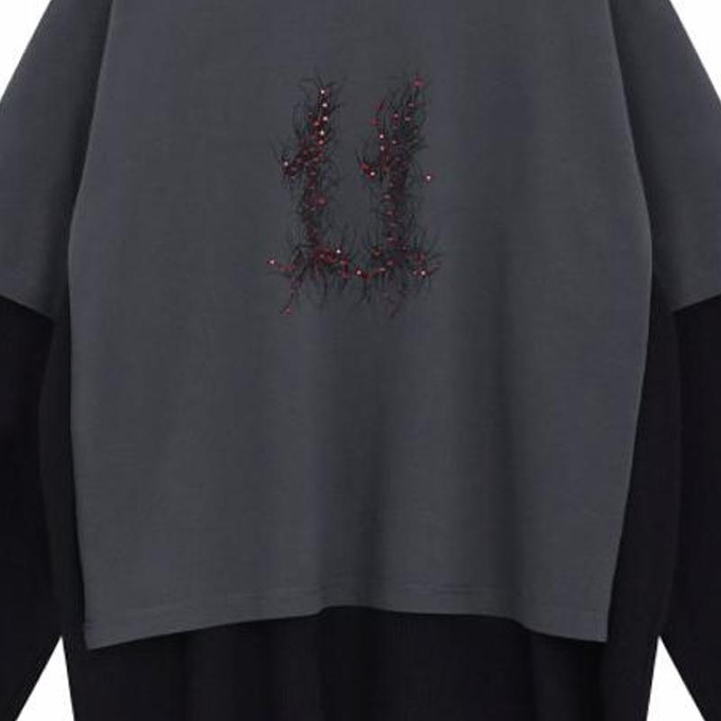 We11done Ss24 Printed Round Neck Layered Long Sleeve T-Shirt Unisex Tops Gray WD-TT1-24-850-U-GY