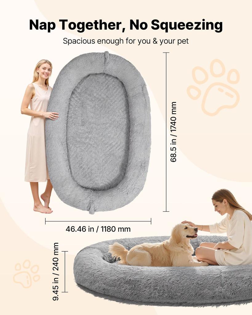 Human Dog Bed, 1740 X 1180 X 240 Mm Orthopedic Memory Foam Human Sized Dog Bed, Humans Pet Beds with Side Pocket, Handle & Zipper, Removable