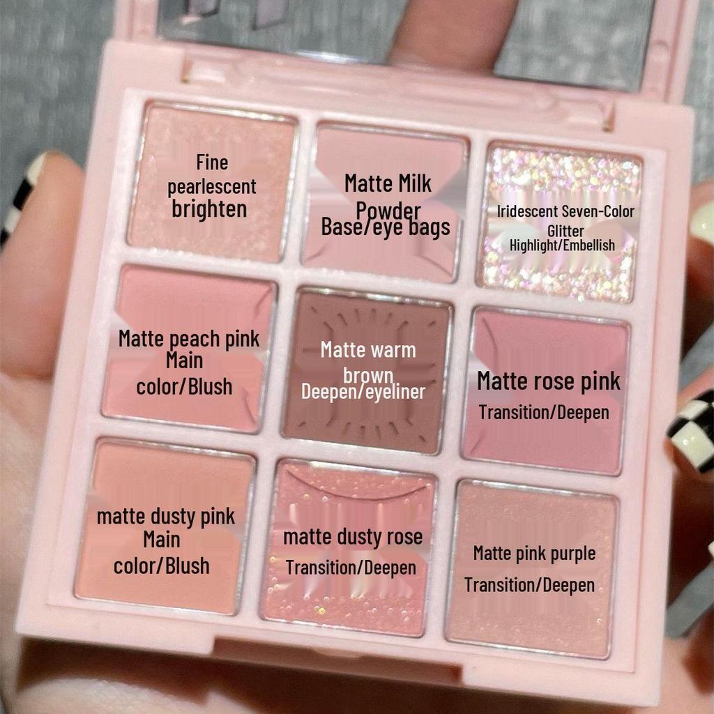 Douyin-Inspired 9-Color Eyeshadow Palette: Matte & Shimmer Collection In Summer Milk Tea, Purple, Peach & Pink Shades