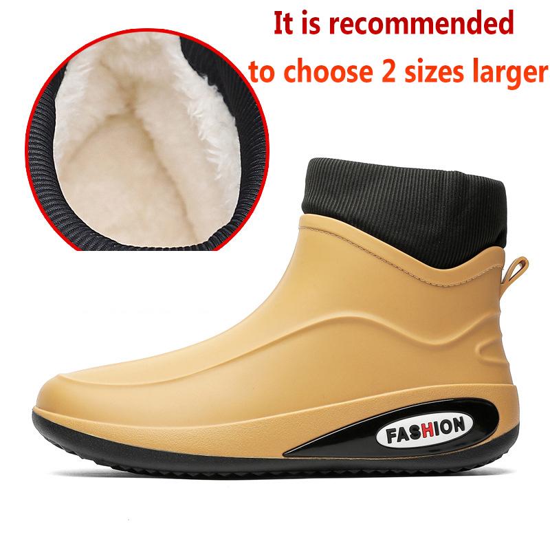 Fashion Rain Shoes Ankle Men Waterproof Shoes Rain Boots Low Top Anti-slip Wear-resistant Plush Kitchen Water Boots Fishing Rubber Shoes