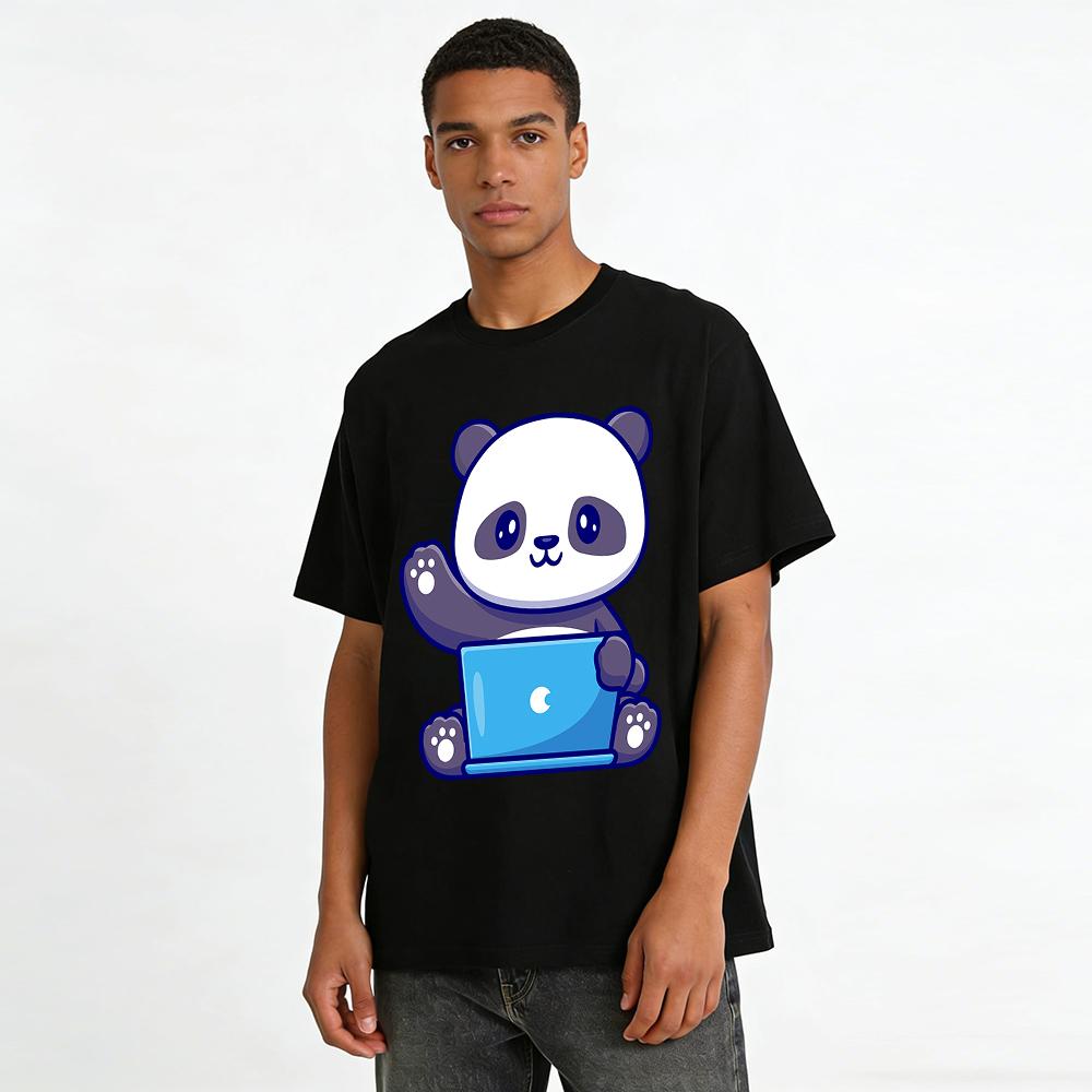 Cute Panda Working Print Casual Loose Breathable Unisex T-Shirt Pure Cotton T-shirt