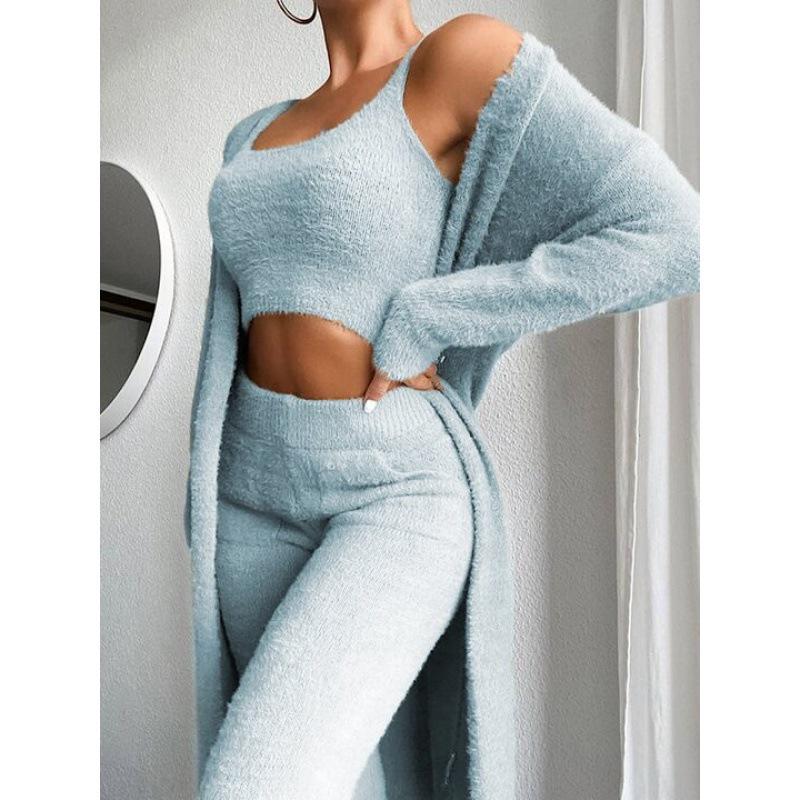 Chic V-neck Plush Three-piece Set: Vest, Long Pants & Suit for Women