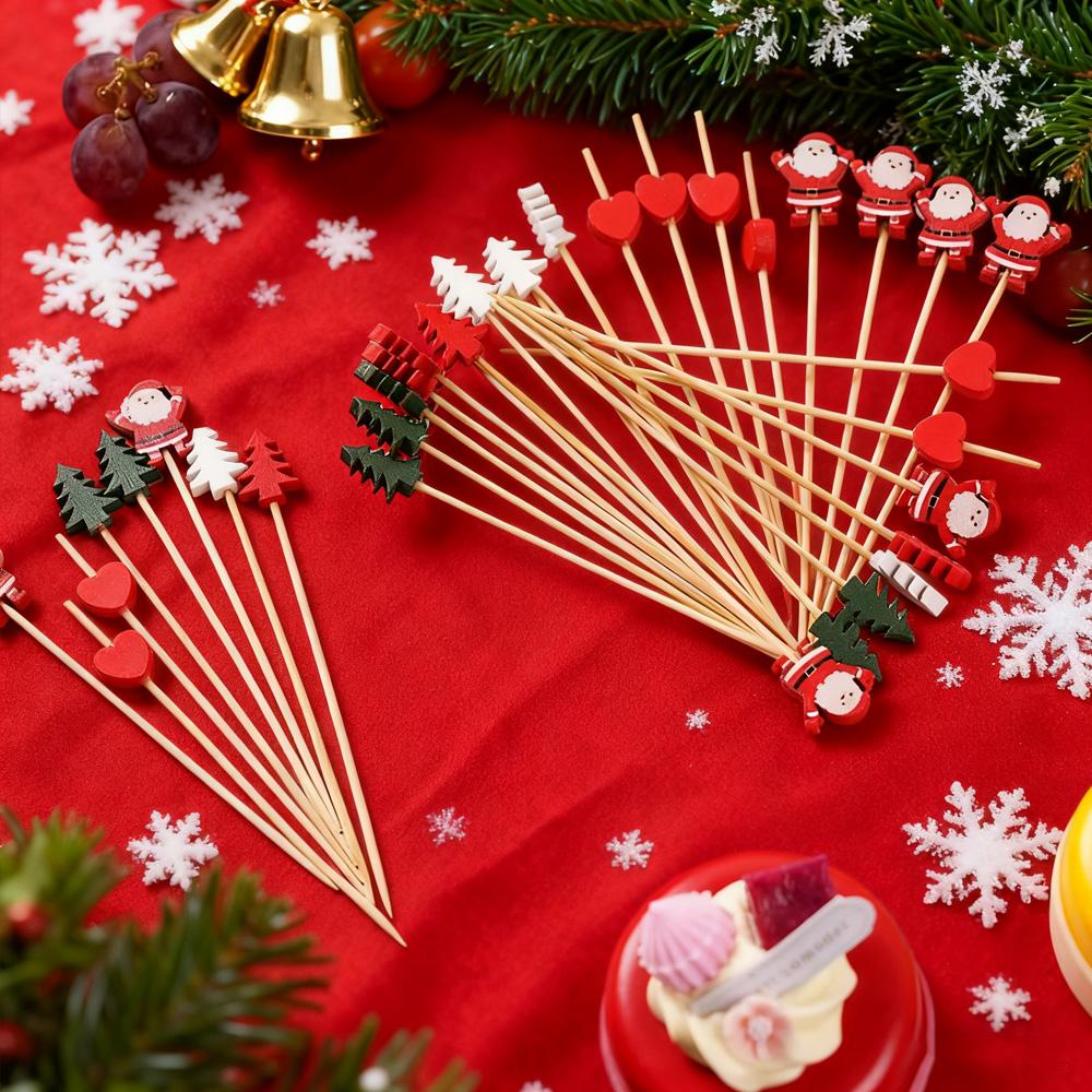 50PCS Xmas Tree Fruit Picks Disposable Bamboo Skewers Colorful Christmas Party Food Decoration Supplies