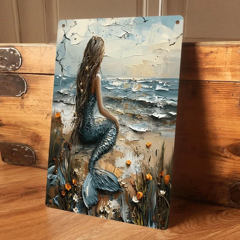 

1 piece: Mermaid Gazing at the Sea - Tin Wall Hanging Plaque, Nordic Style Home Decor, Living Room/Entrance Hall Art Mural, Ocea (as the picture,20x30cm)