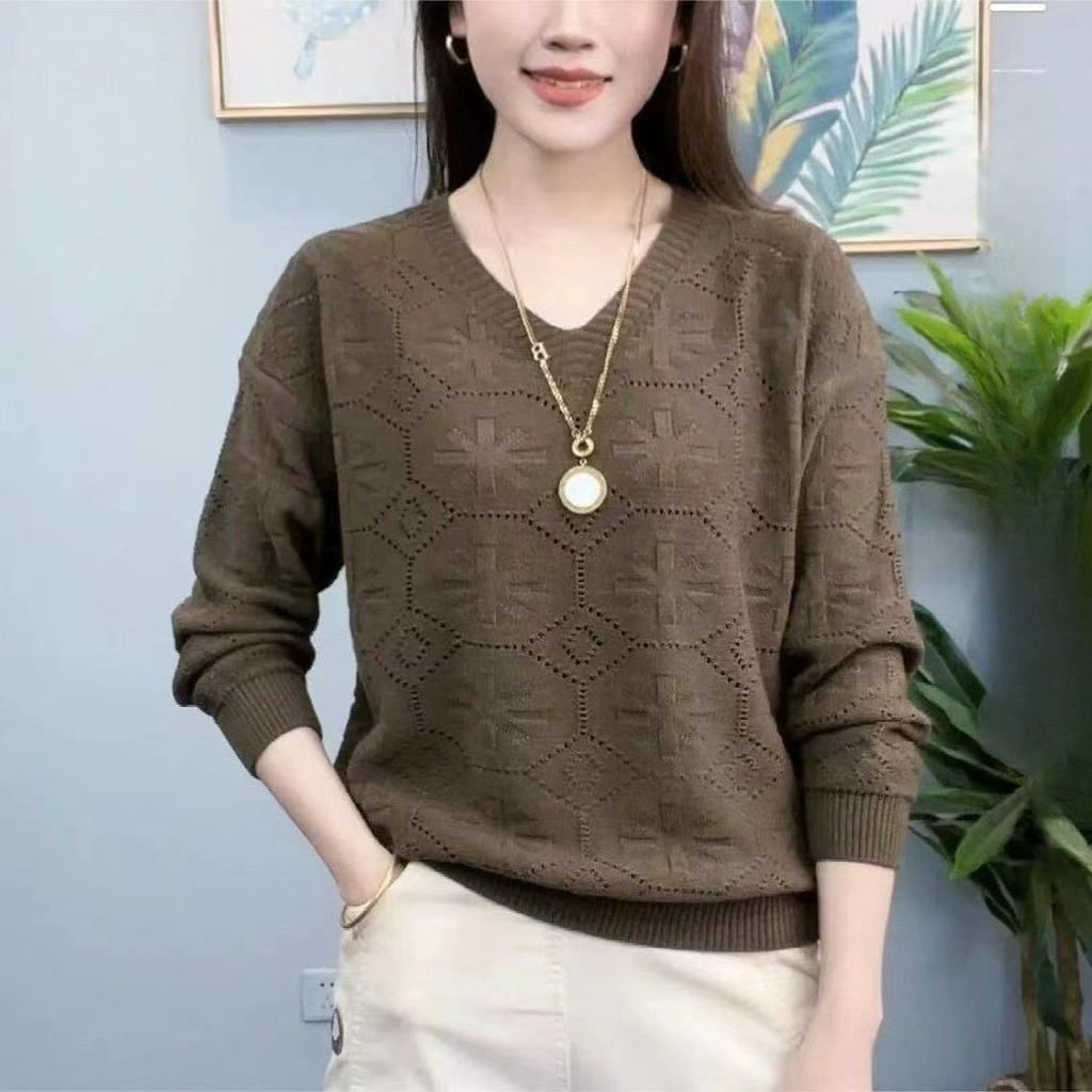 Mote Vestlig Stil V-hals Hul Tynn Temperament Bluse Genser Allsidig Langermet Høst