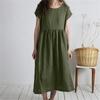 Medium Length Skirt, Round Neck, Short Sleeved Solid Color, Loose Casual Cotton and Linen Dress for Women