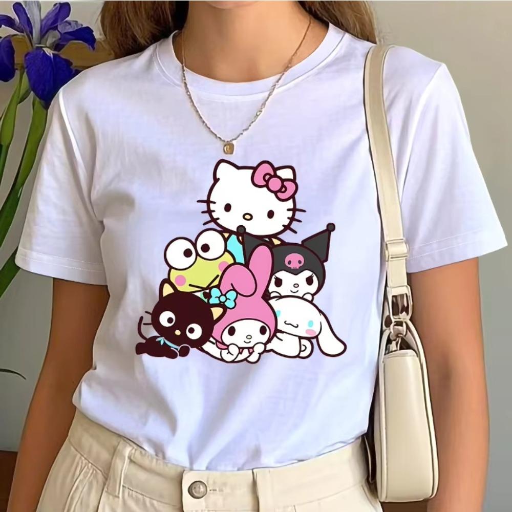 Hello Kitty and Friends Pattern Tshirt Round Neck Short Sleeved Design with Keroppi Cinnamoroll Fashion Womens Clothing