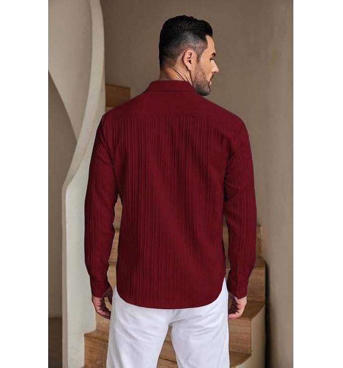Men's Casual Button Down Shirts Long Sleeve Linen Shirt Fashion Textured Beach Summer Shirt