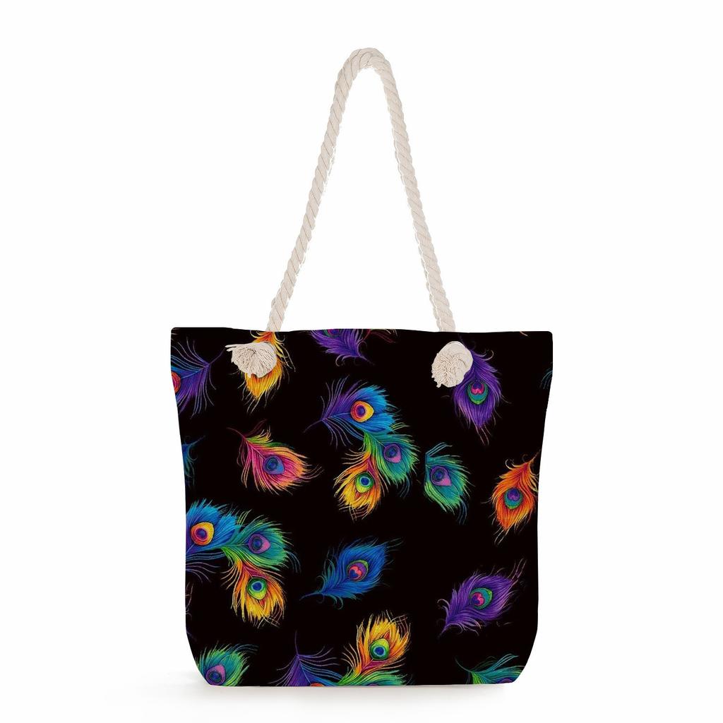 Feather print thick rope single-shoulder beach bag 7221