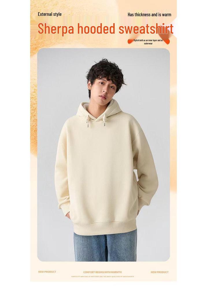 Retro Lambswool Hooded Sweatshirt: Solid Color, Warm, Plus Velvet, Casual Men's Jacket for Autumn & Winter
