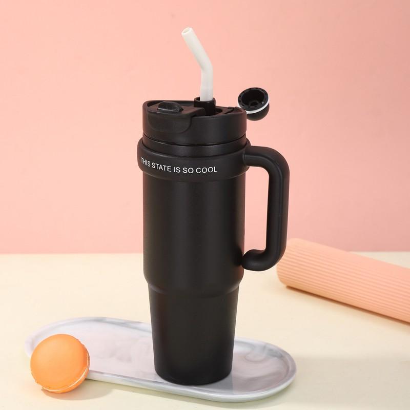 30oz Double Wall Stainless Steel Travel Mug With Handle Straw Insulated Car Cup Office Outdoor Use