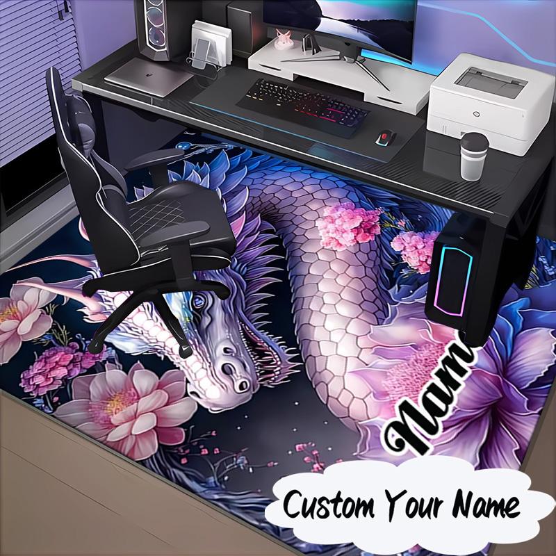 Custom Name Fantasy Dragon Blossoms Rug for Living Room, Game Rooms, Office, Bedroom, Floor Mat Playful Design, Fan Gifts Christmas Decor