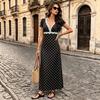 New French vacation style bubble sleeve polka dot lace V-neck dress