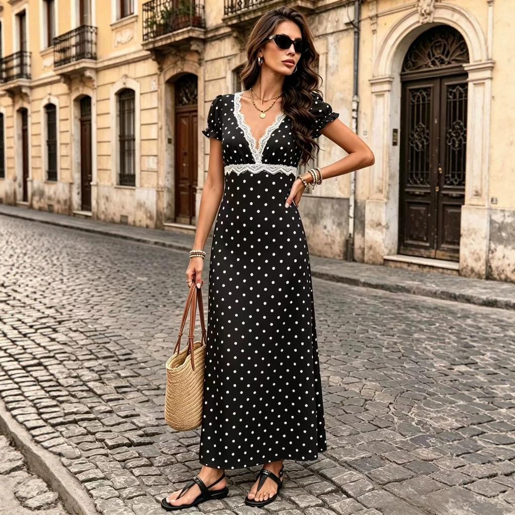 New French vacation style bubble sleeve polka dot lace V-neck dress