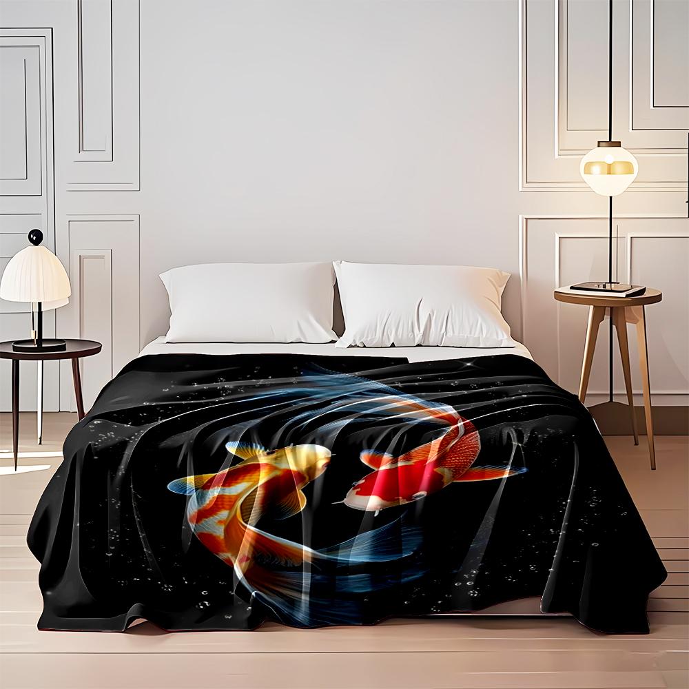 Two Graceful Koi Fish Swirling In Harmony Flannel Blanket for Bedroom, Living Room, Sofa, and Nap Sofas.