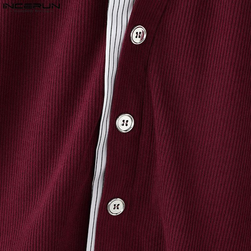 INCERUN Cămăși de Primăvară pentru Bărbați cu Guler Rever, Mânecă Lungă, Patchwork în Dungi, Nasturi, Topuri din Catifea Cord