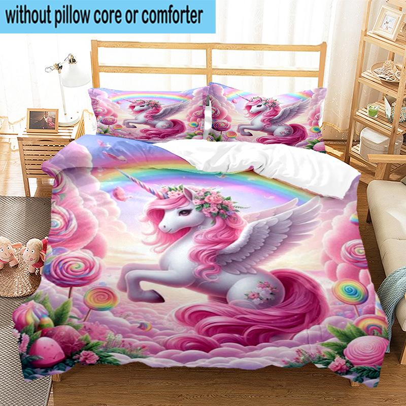 Magical Unicorn Fantasy 3pcs Bedding,Including 1pc Duvet Cover And 2pcs Pillowcases Perfect for Christmas,Ideal for Bedroom, Dormitory