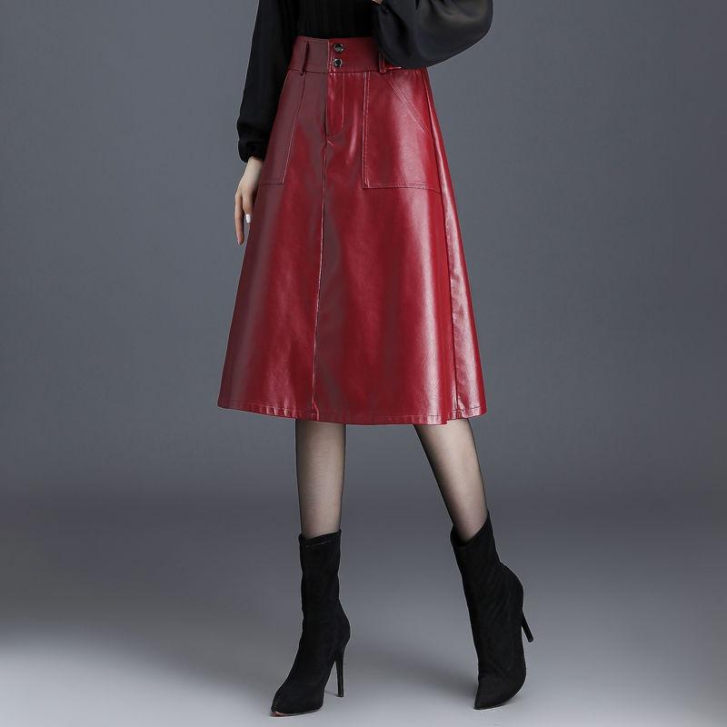 Medium and long simple pu leather skirt, autumn and winter new high-waisted commuting fashion A-shaped leather skirt